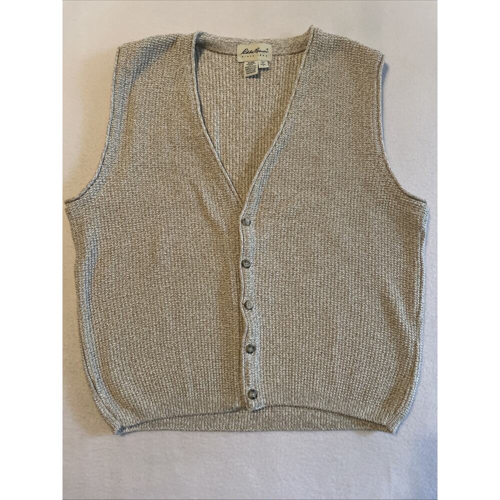 Vintage Eddie Bauer Vest Mens Medium Tan Knit Button Up Sweater Made In USA
